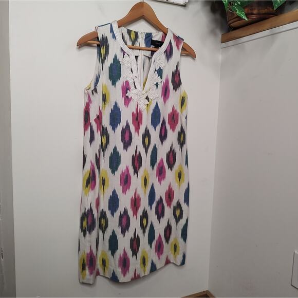 J. Crew Watercolor Ikat Print Cotton Blend Shift Dress in White /Multi Size 4 - Picture 2 of 14